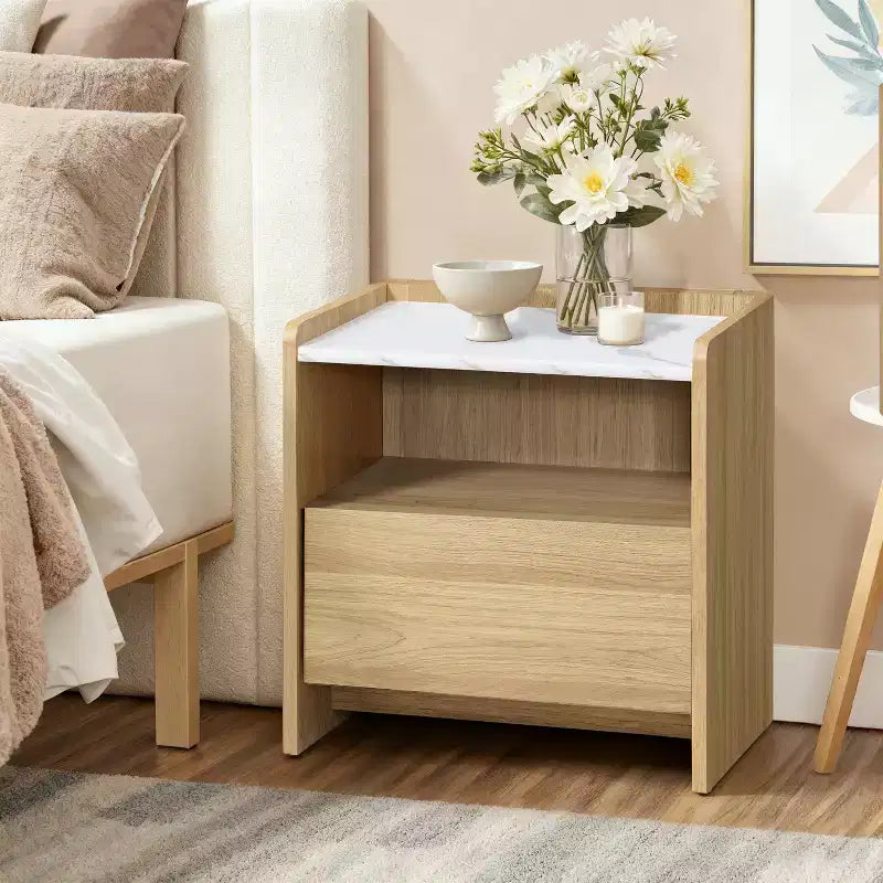 23-Inch Oak Nightstand with Faux Marble Top and Open Storage Shelf, Brown