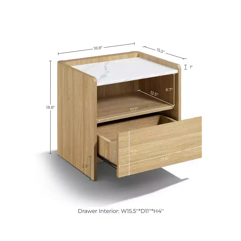 23-Inch Oak Nightstand with Faux Marble Top and Open Storage Shelf, Brown
