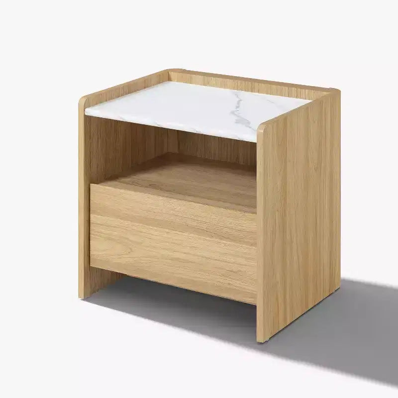 23-Inch Oak Nightstand with Faux Marble Top and Open Storage Shelf, Brown