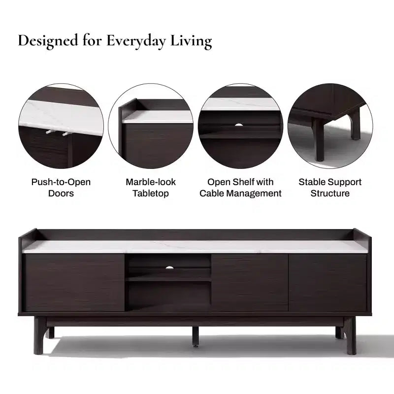 63-Inch TV Stand with Faux Marble Top for TVs Up to 65 Inches, Black Media Console