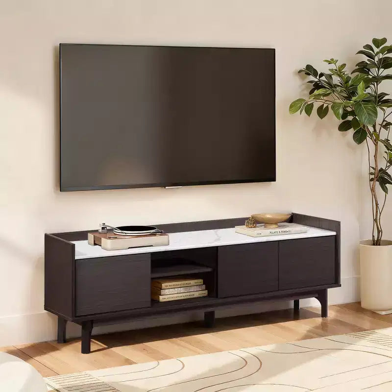 63-Inch TV Stand with Faux Marble Top for TVs Up to 65 Inches, Black Media Console