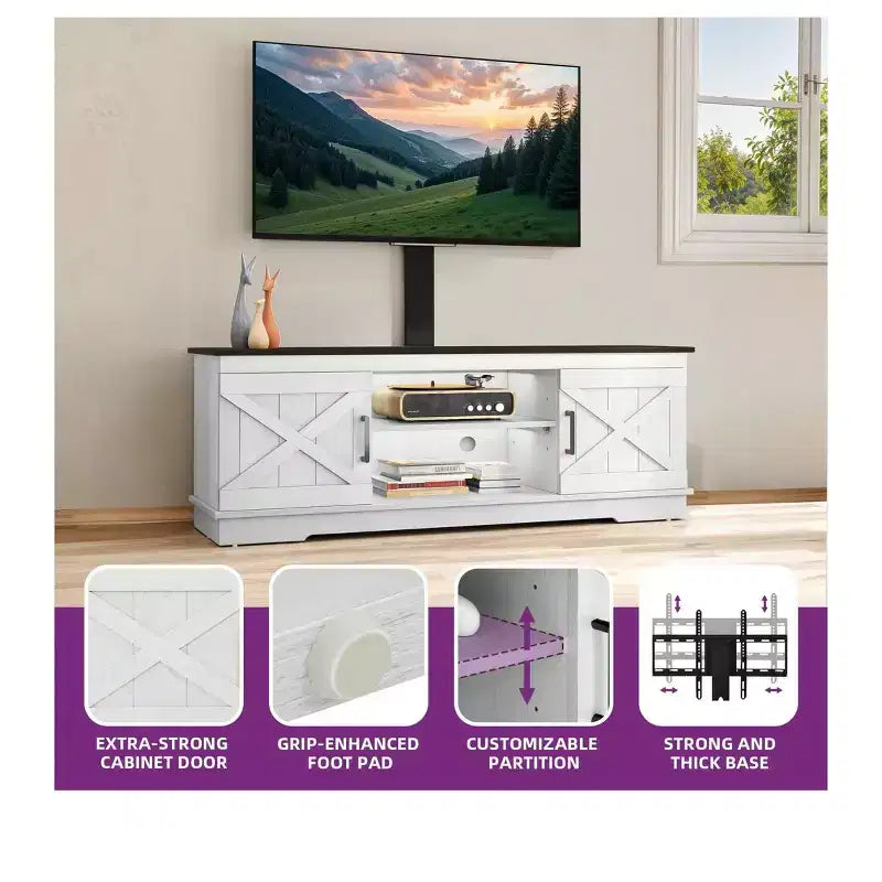 Farmhouse TV Stand with Height Adjustable Mount for TVs Up to 70 Inches, Entertainment Center Media Console for Living Room