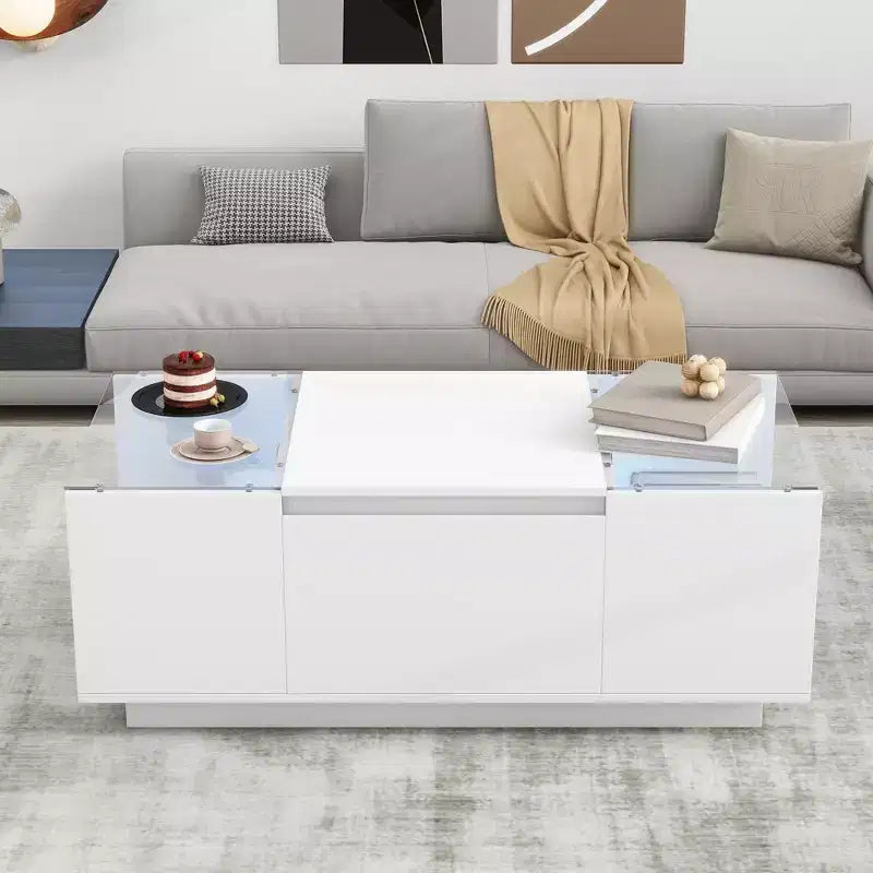 Modern Coffee Table with LED Lights, Rectangle Center Table with Storage and Drawers for Living Room