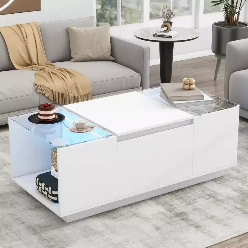 Modern Coffee Table with LED Lights, Rectangle Center Table with Storage and Drawers for Living Room