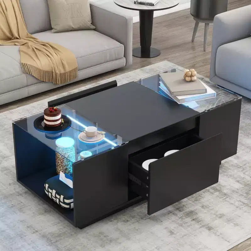 Modern Coffee Table with LED Lights, Rectangle Center Table with Storage and Drawers for Living Room