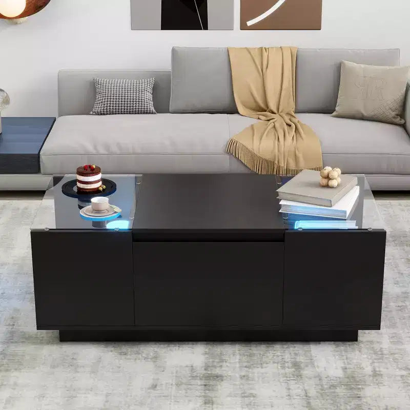 Modern Coffee Table with LED Lights, Rectangle Center Table with Storage and Drawers for Living Room