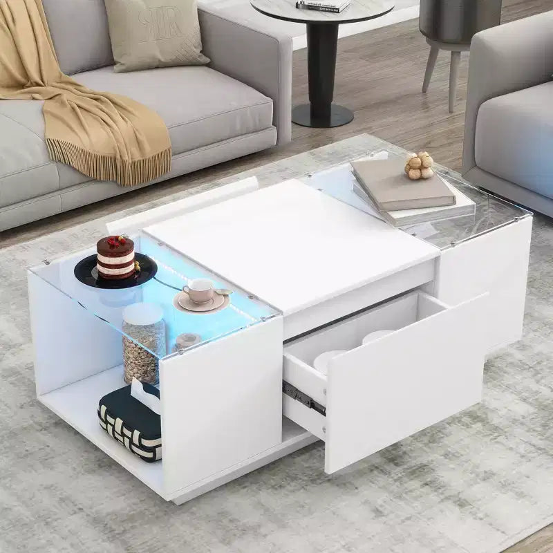 Modern Coffee Table with LED Lights, Rectangle Center Table with Storage and Drawers for Living Room