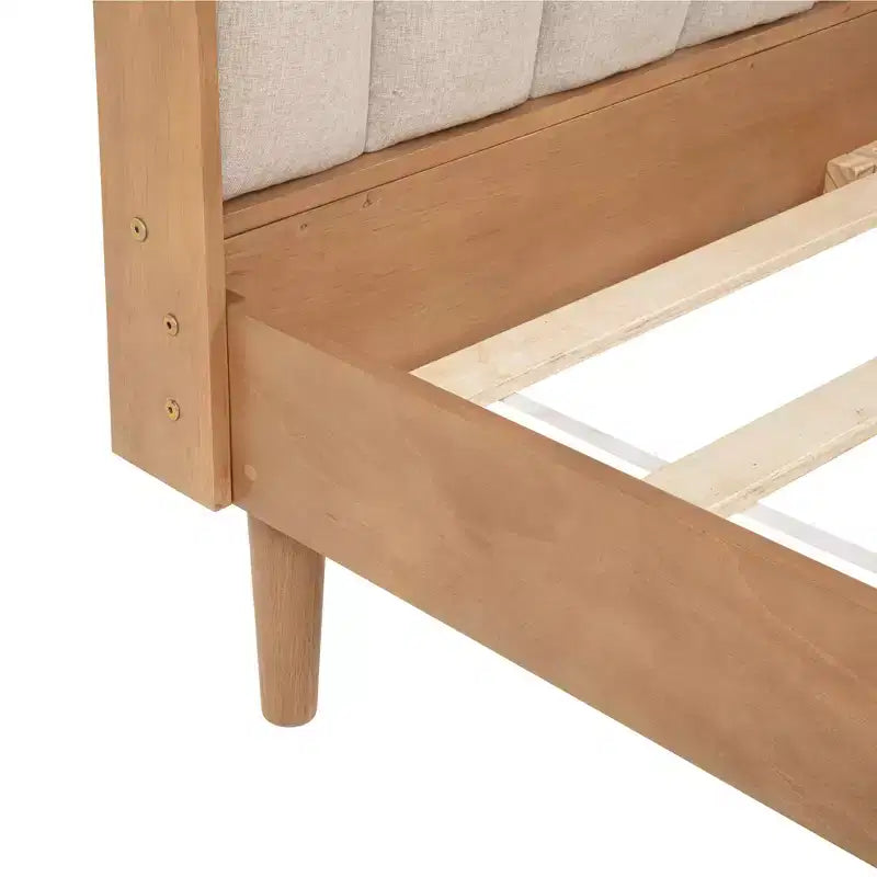 Queen Size Wood Bed with Piano Key Style Upholstered Headboard and Strengthened Bed Frame, Wheat