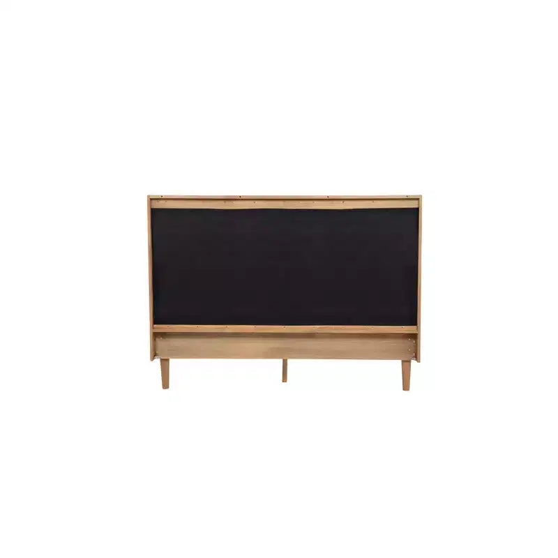 Queen Size Wood Bed with Piano Key Style Upholstered Headboard and Strengthened Bed Frame, Wheat