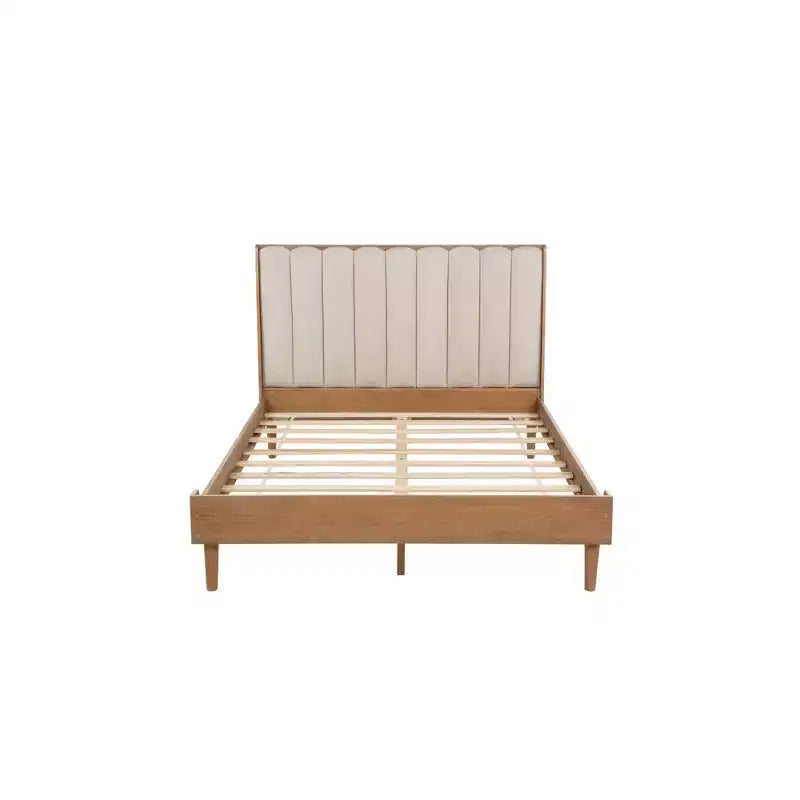 Queen Size Wood Bed with Piano Key Style Upholstered Headboard and Strengthened Bed Frame, Wheat