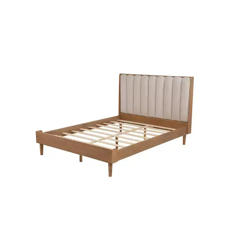 Queen Size Wood Bed with Piano Key Style Upholstered Headboard and Strengthened Bed Frame, Wheat