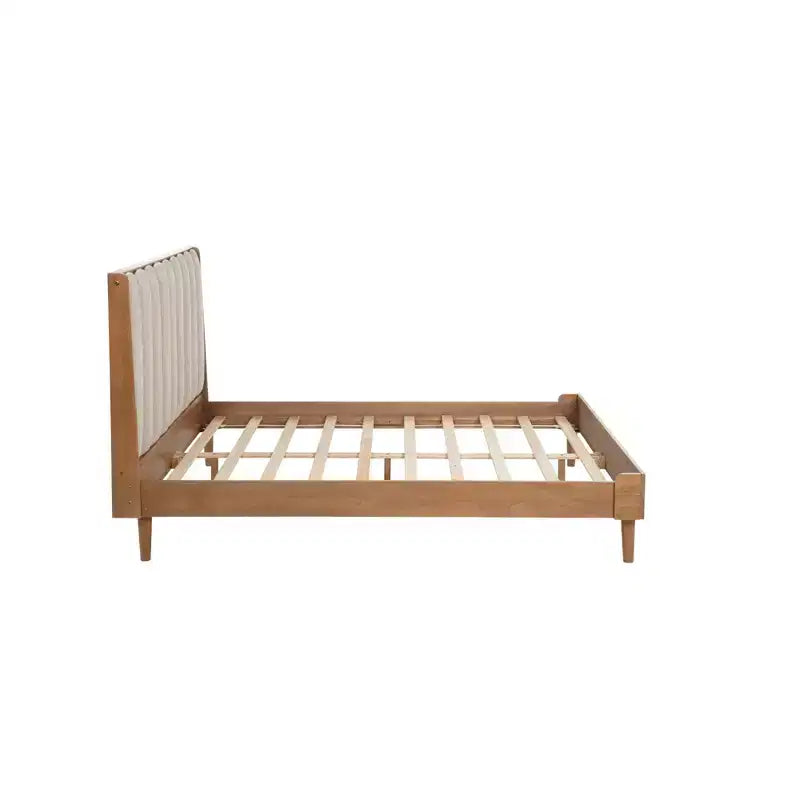 Queen Size Wood Bed with Piano Key Style Upholstered Headboard and Strengthened Bed Frame, Wheat