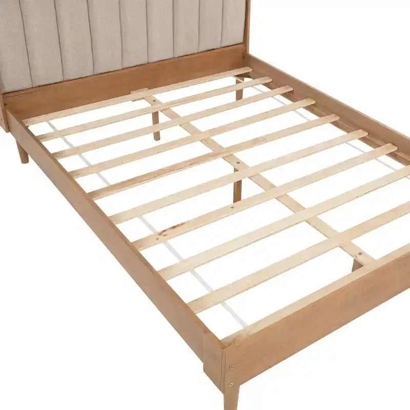 Queen Size Wood Bed with Piano Key Style Upholstered Headboard and Strengthened Bed Frame, Wheat