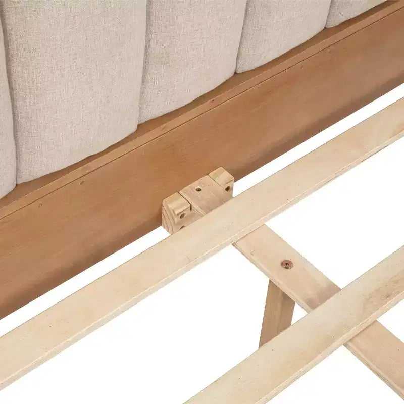 Queen Size Wood Bed with Piano Key Style Upholstered Headboard and Strengthened Bed Frame, Wheat