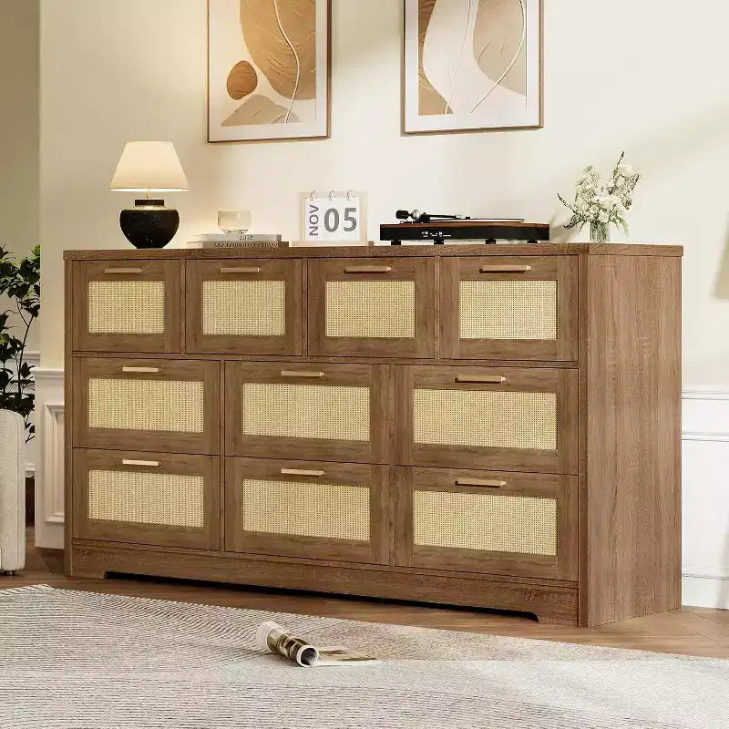 59-Inch Rattan 10-Drawer Farmhouse Chest of Drawers with Anti-Tipping Device for Home Office and Closet