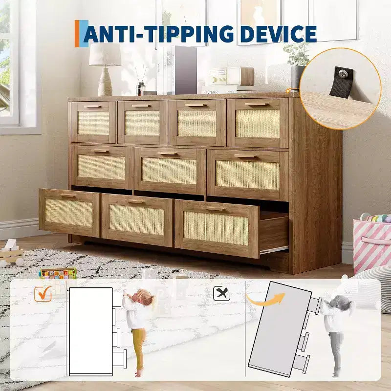 59-Inch Rattan 10-Drawer Farmhouse Chest of Drawers with Anti-Tipping Device for Home Office and Closet