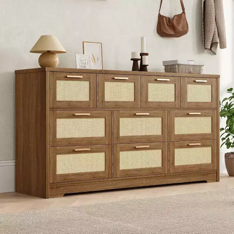 59-Inch Rattan 10-Drawer Farmhouse Chest of Drawers with Anti-Tipping Device for Home Office and Closet