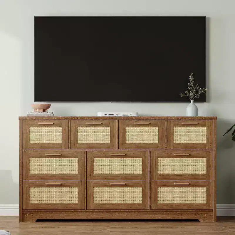 59-Inch Rattan 10-Drawer Farmhouse Chest of Drawers with Anti-Tipping Device for Home Office and Closet