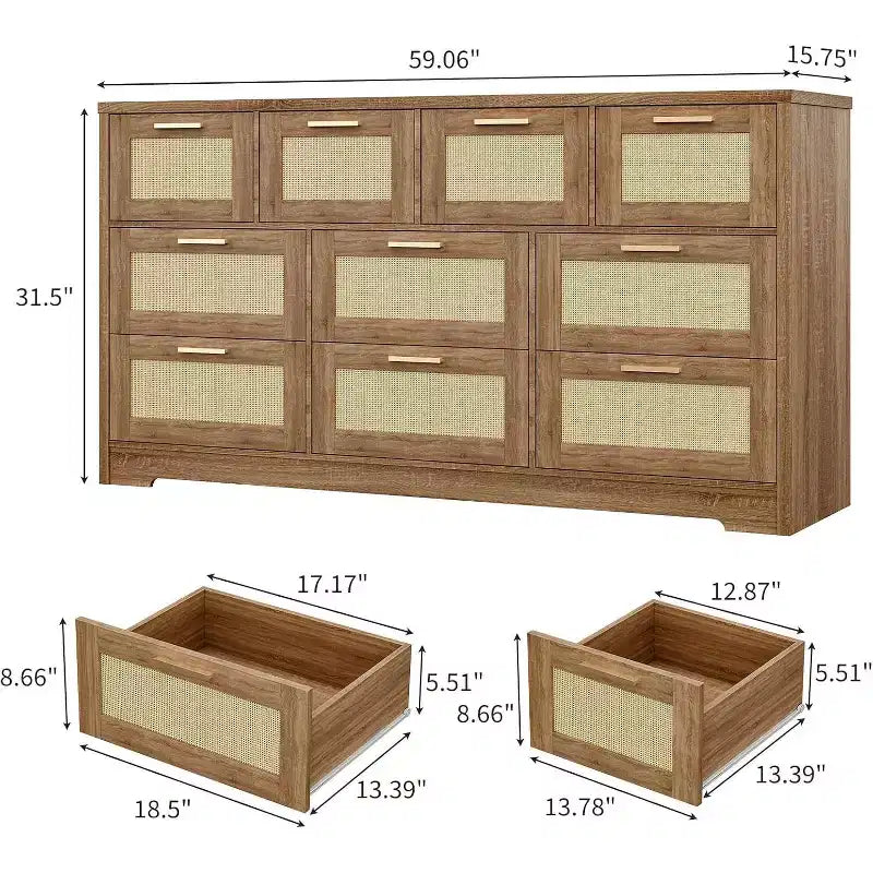59-Inch Rattan 10-Drawer Farmhouse Chest of Drawers with Anti-Tipping Device for Home Office and Closet