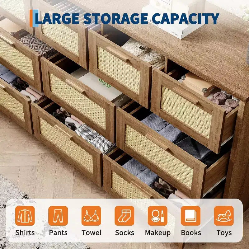 59-Inch Rattan 10-Drawer Farmhouse Chest of Drawers with Anti-Tipping Device for Home Office and Closet