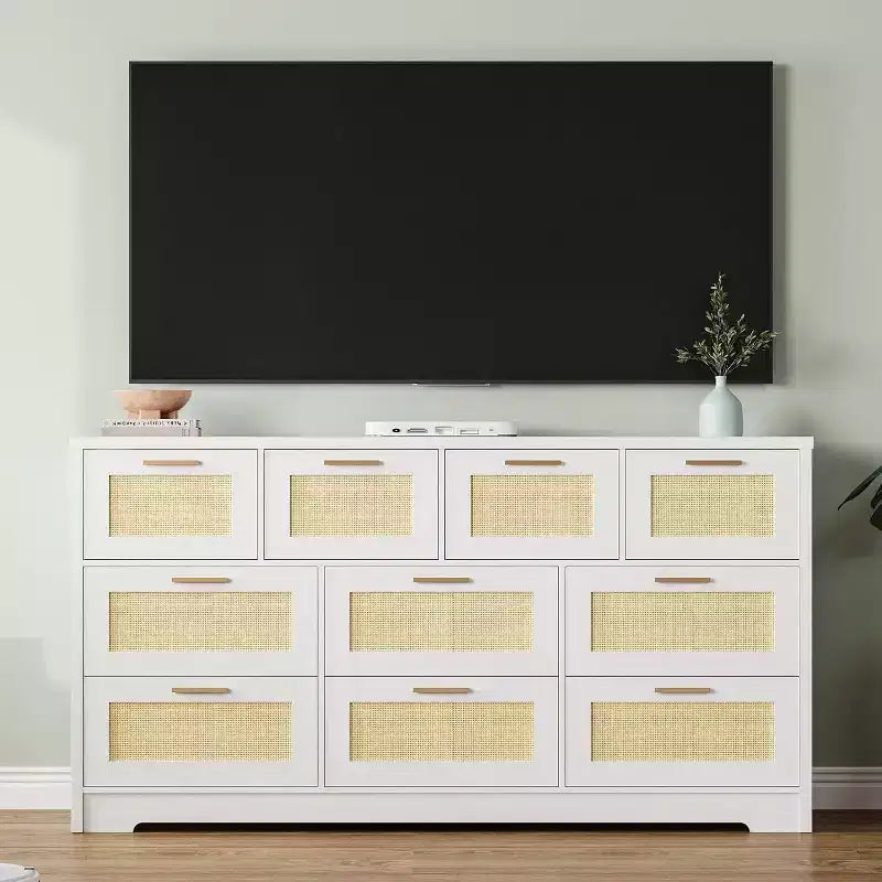 59-Inch Rattan 10-Drawer Farmhouse Chest of Drawers with Anti-Tipping Device for Home Office and Closet