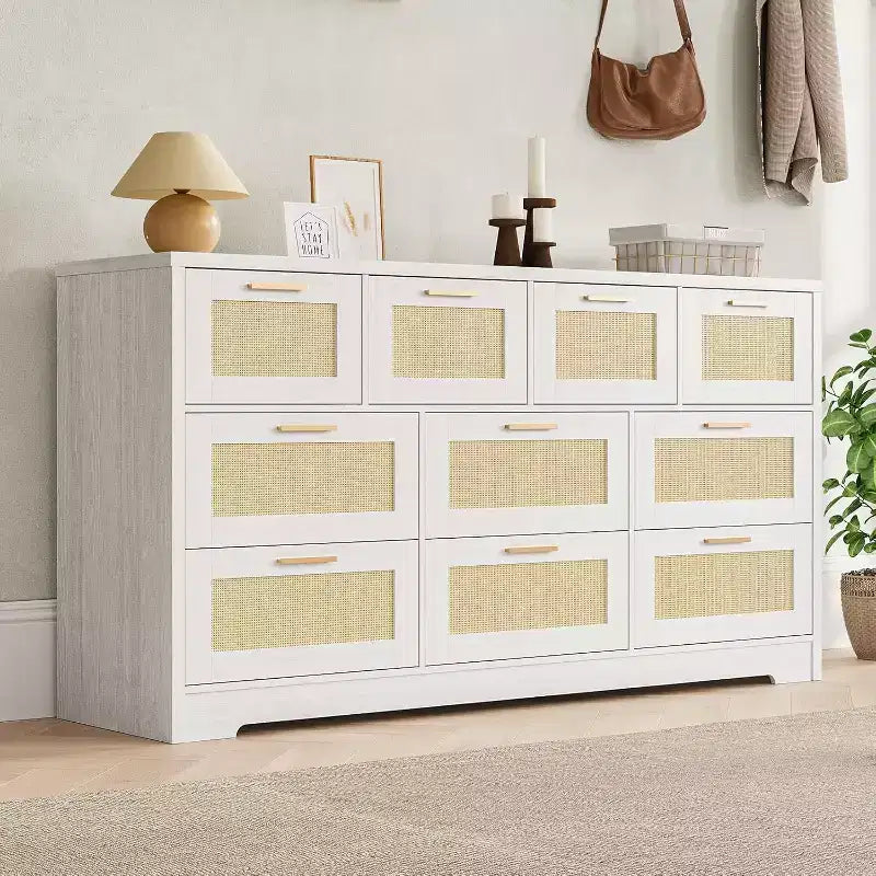 59-Inch Rattan 10-Drawer Farmhouse Chest of Drawers with Anti-Tipping Device for Home Office and Closet