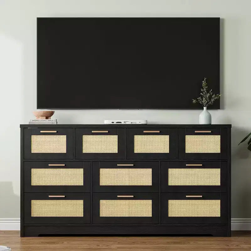 59-Inch Rattan 10-Drawer Farmhouse Chest of Drawers with Anti-Tipping Device for Home Office and Closet