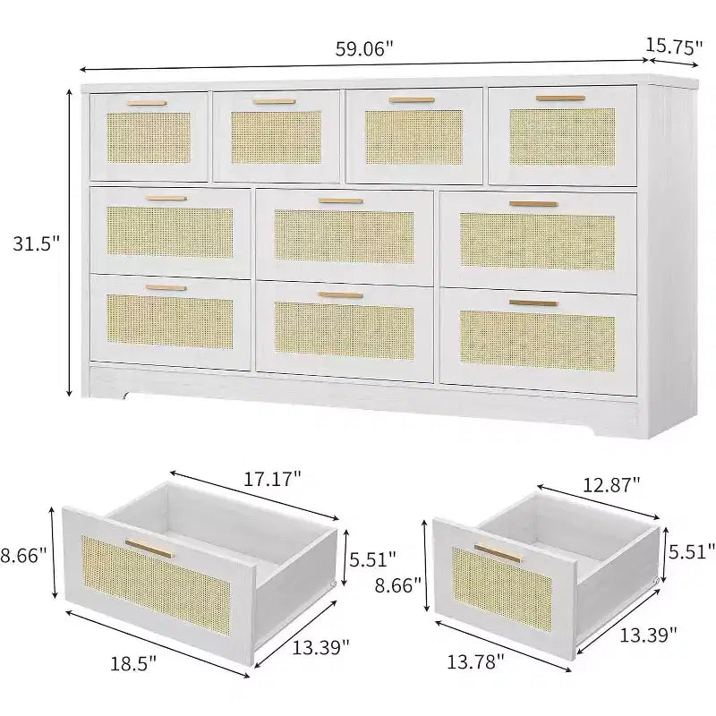 59-Inch Rattan 10-Drawer Farmhouse Chest of Drawers with Anti-Tipping Device for Home Office and Closet