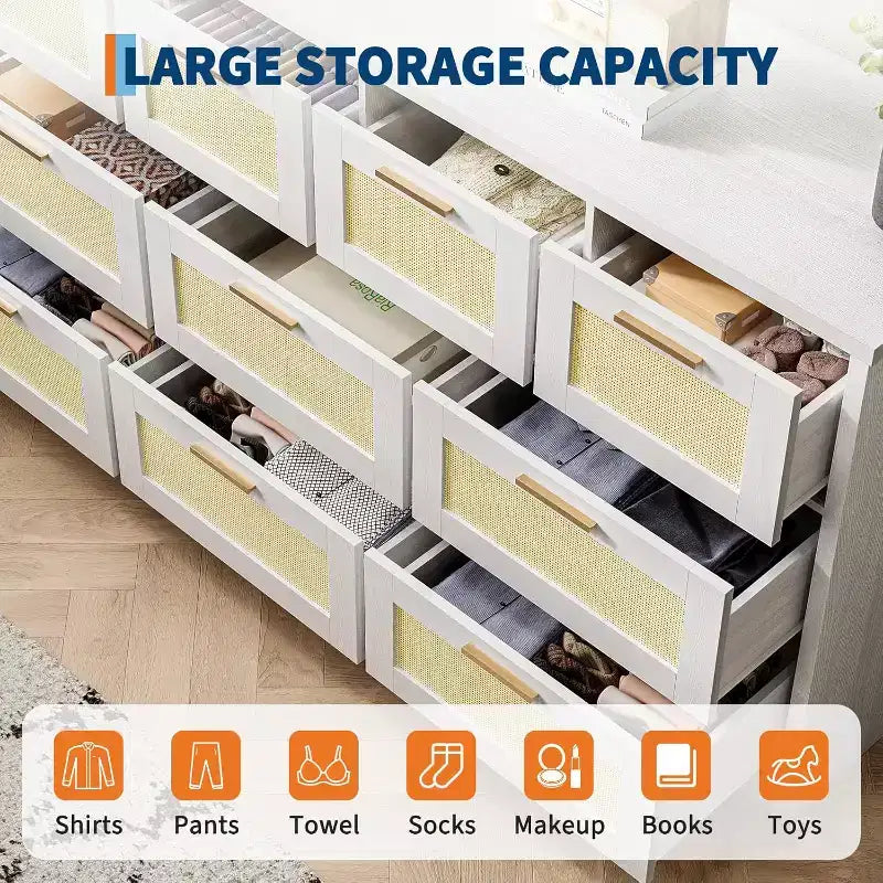 59-Inch Rattan 10-Drawer Farmhouse Chest of Drawers with Anti-Tipping Device for Home Office and Closet