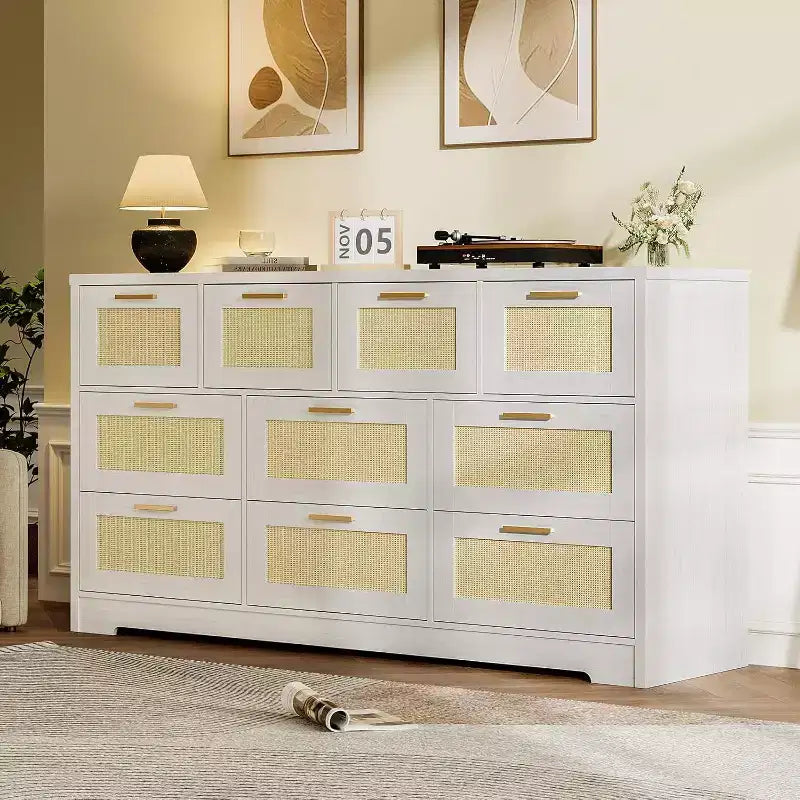 59-Inch Rattan 10-Drawer Farmhouse Chest of Drawers with Anti-Tipping Device for Home Office and Closet