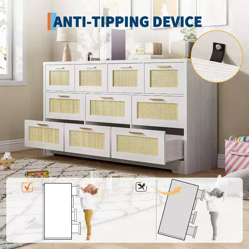 59-Inch Rattan 10-Drawer Farmhouse Chest of Drawers with Anti-Tipping Device for Home Office and Closet