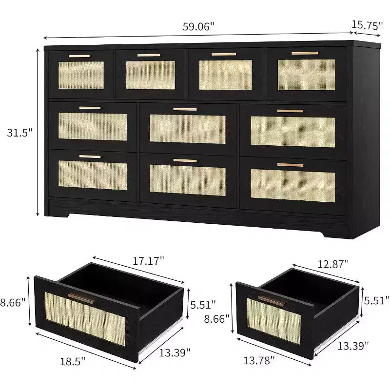 59-Inch Rattan 10-Drawer Farmhouse Chest of Drawers with Anti-Tipping Device for Home Office and Closet