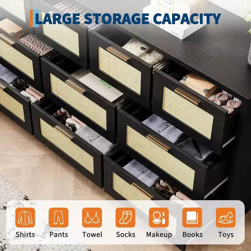 59-Inch Rattan 10-Drawer Farmhouse Chest of Drawers with Anti-Tipping Device for Home Office and Closet