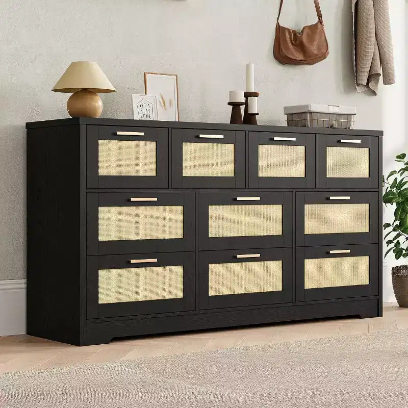 59-Inch Rattan 10-Drawer Farmhouse Chest of Drawers with Anti-Tipping Device for Home Office and Closet