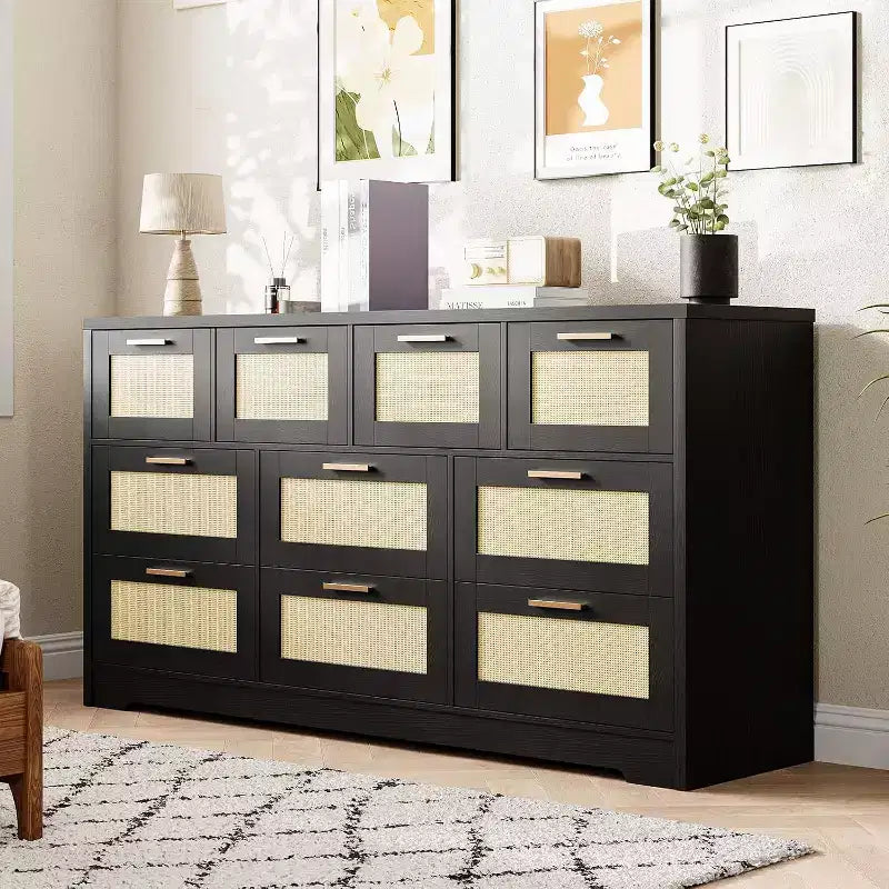 59-Inch Rattan 10-Drawer Farmhouse Chest of Drawers with Anti-Tipping Device for Home Office and Closet