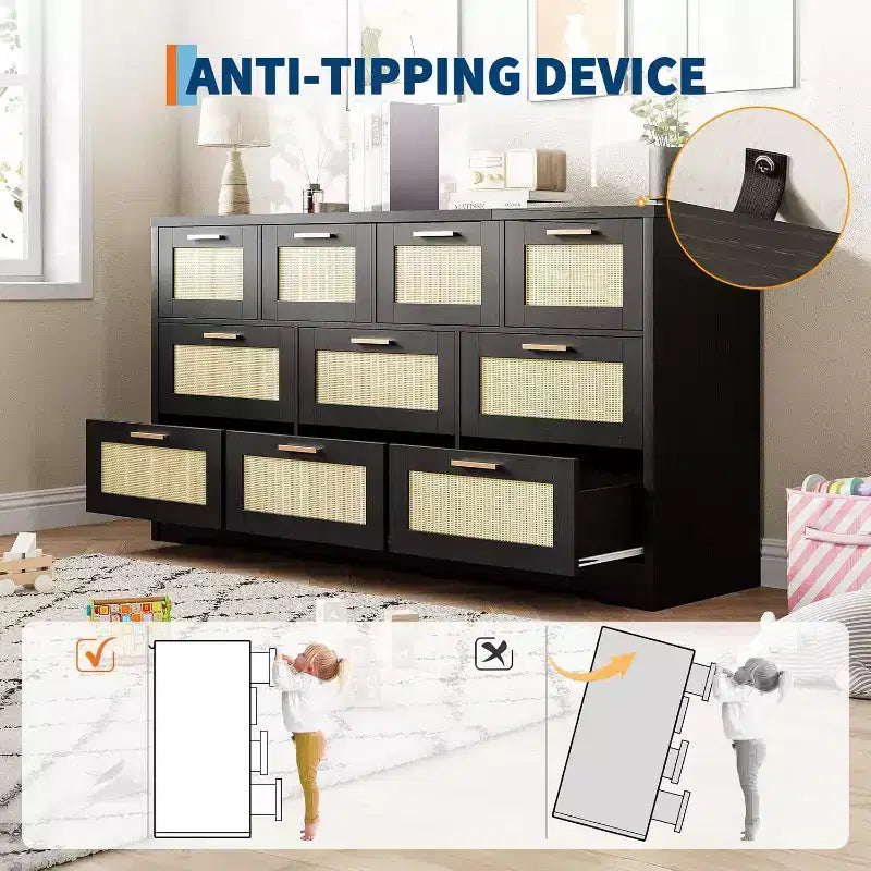59-Inch Rattan 10-Drawer Farmhouse Chest of Drawers with Anti-Tipping Device for Home Office and Closet