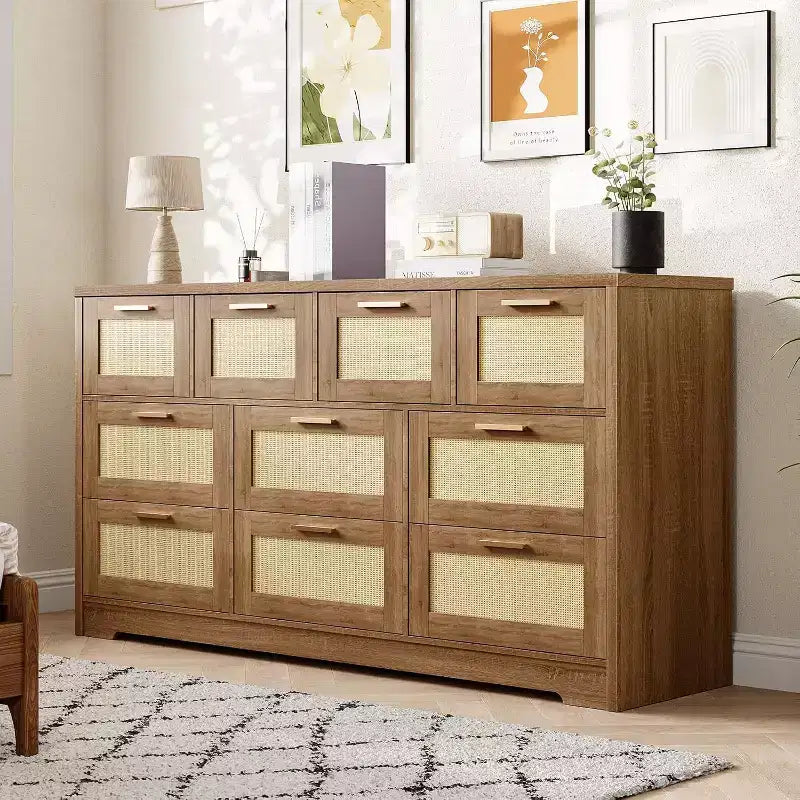 59-Inch Rattan 10-Drawer Farmhouse Chest of Drawers with Anti-Tipping Device for Home Office and Closet