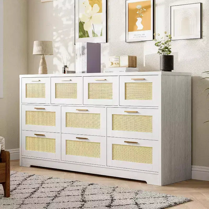 59-Inch Rattan 10-Drawer Farmhouse Chest of Drawers with Anti-Tipping Device for Home Office and Closet