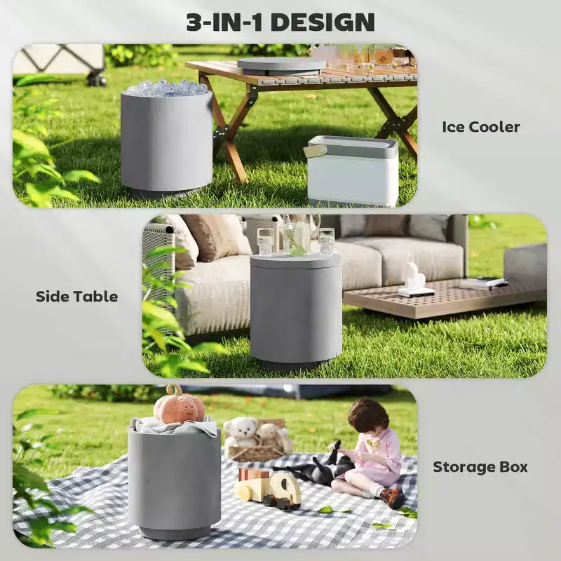 2.6 Gal Outdoor 3-in-1 Concrete Cooler Side Table with Storage, Removable Ice Bucket and Lid