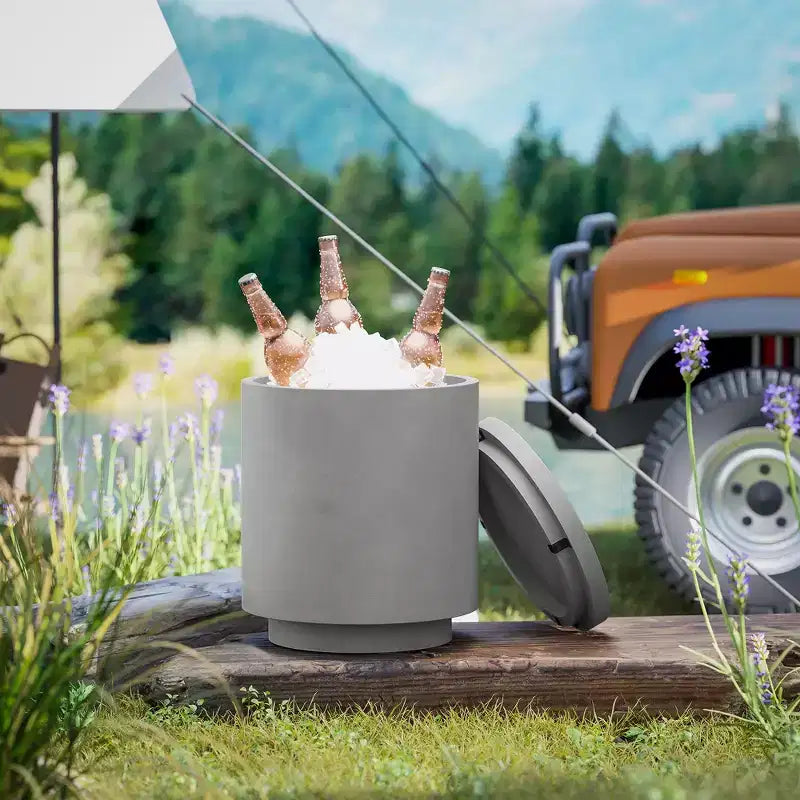 2.6 Gal Outdoor 3-in-1 Concrete Cooler Side Table with Storage, Removable Ice Bucket and Lid