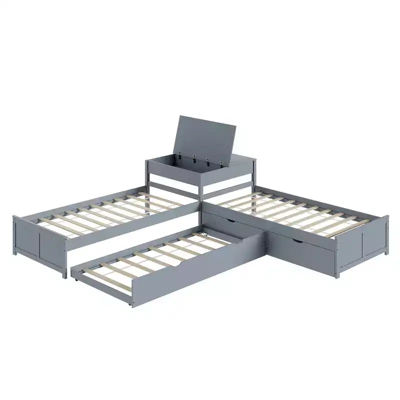 L-Shaped Twin Solid Wood Trundle Bed with Flip-Top Storage Desk, Space-Saving Platform Frame for Kids and Family Rooms