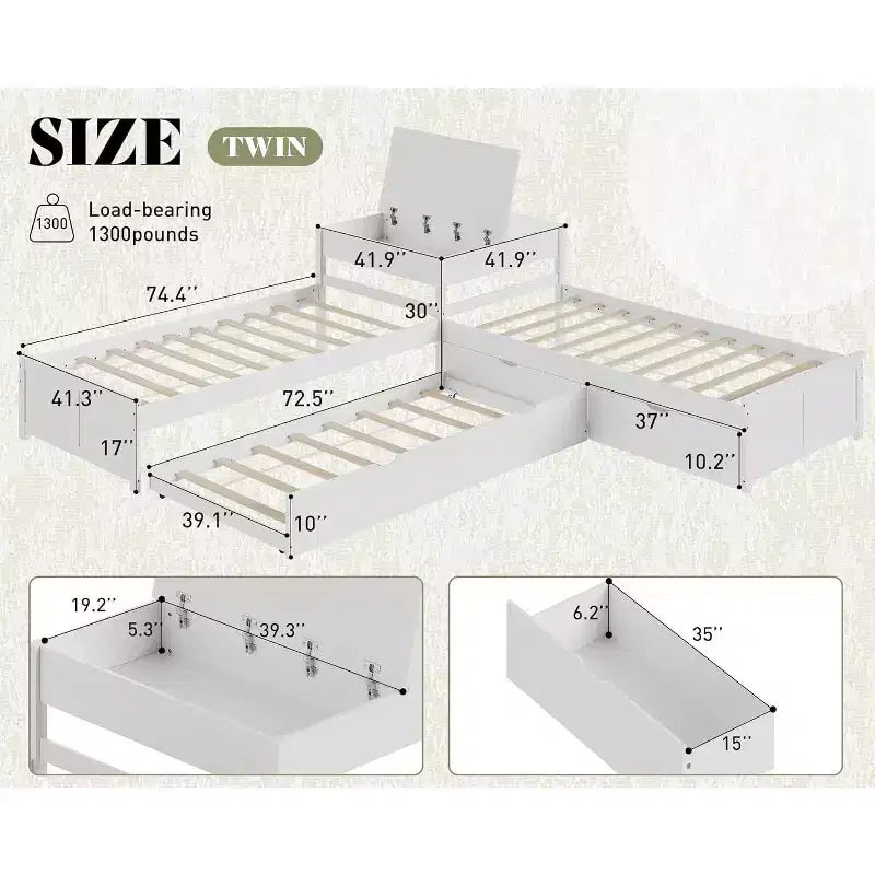 L-Shaped Twin Solid Wood Trundle Bed with Flip-Top Storage Desk, Space-Saving Platform Frame for Kids and Family Rooms