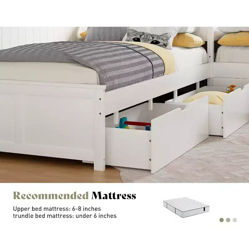 L-Shaped Twin Solid Wood Trundle Bed with Flip-Top Storage Desk, Space-Saving Platform Frame for Kids and Family Rooms