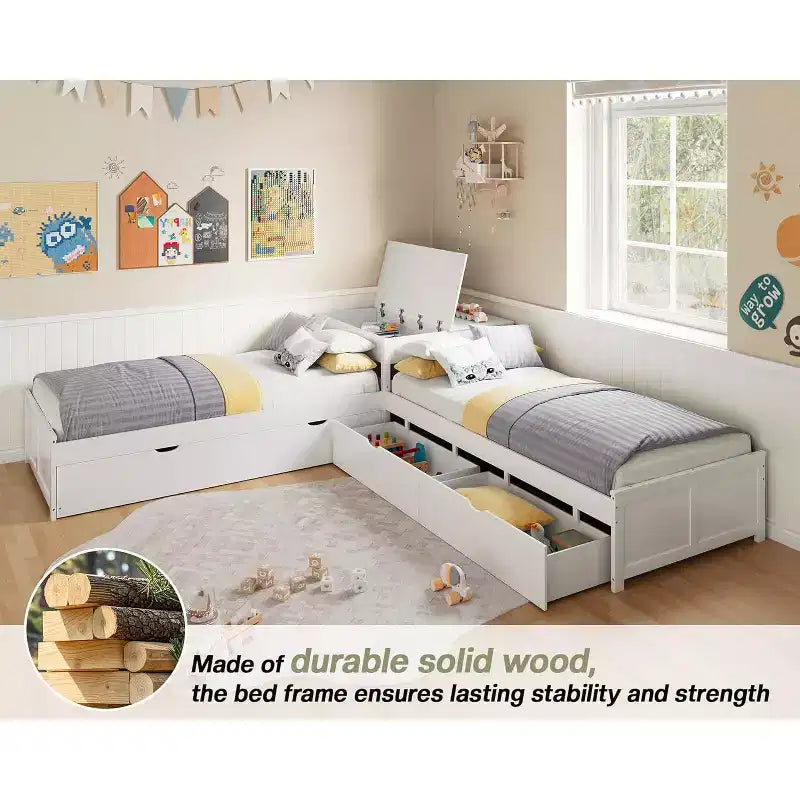 L-Shaped Twin Solid Wood Trundle Bed with Flip-Top Storage Desk, Space-Saving Platform Frame for Kids and Family Rooms