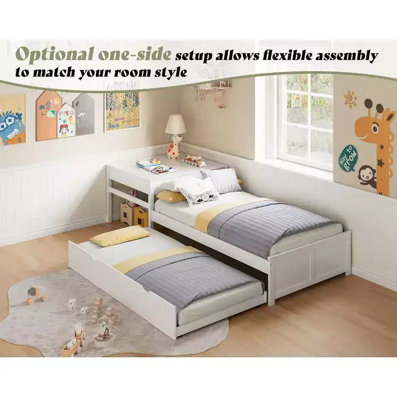 L-Shaped Twin Solid Wood Trundle Bed with Flip-Top Storage Desk, Space-Saving Platform Frame for Kids and Family Rooms