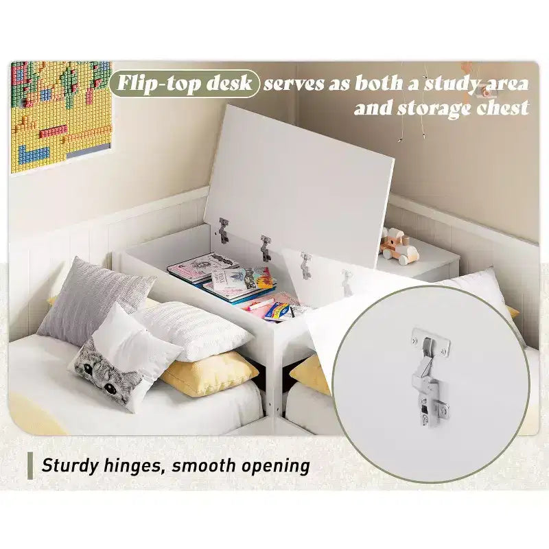 L-Shaped Twin Solid Wood Trundle Bed with Flip-Top Storage Desk, Space-Saving Platform Frame for Kids and Family Rooms