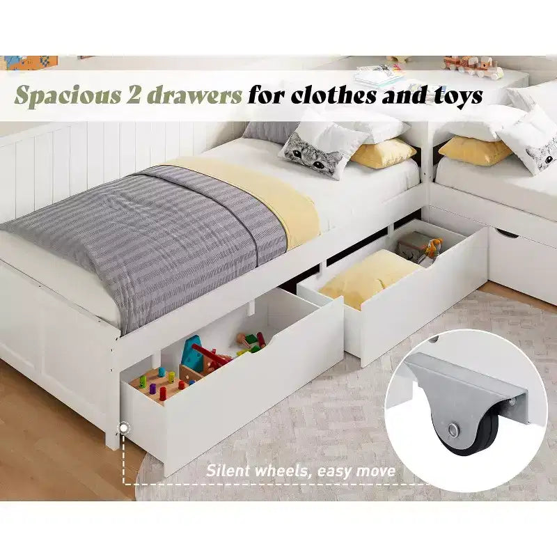 L-Shaped Twin Solid Wood Trundle Bed with Flip-Top Storage Desk, Space-Saving Platform Frame for Kids and Family Rooms