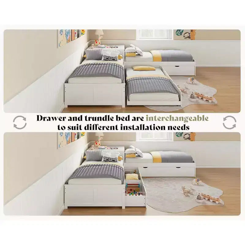 L-Shaped Twin Solid Wood Trundle Bed with Flip-Top Storage Desk, Space-Saving Platform Frame for Kids and Family Rooms