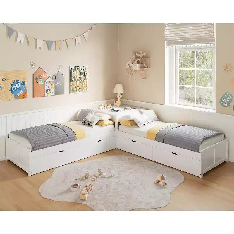L-Shaped Twin Solid Wood Trundle Bed with Flip-Top Storage Desk, Space-Saving Platform Frame for Kids and Family Rooms
