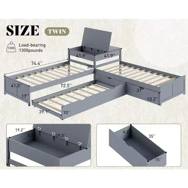 L-Shaped Twin Solid Wood Trundle Bed with Flip-Top Storage Desk, Space-Saving Platform Frame for Kids and Family Rooms